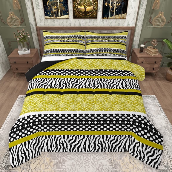 Manfei Bohemian Damask Khaki Full Size Comforter Sets, Fashion Zebra Print Bedding Comforter Set, Modern Stripes Abstract Reversible Bedding Sets, Breathable Home Decor, 3-Piece