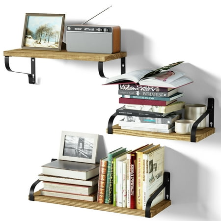 3Pcs/Set Rustic Wood Wall Mounted Floating Shelves for Decor,Carbonized Black
