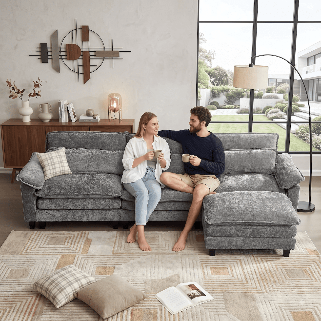 148" Convertible Cloud Sectional Sofa, Modern Chenille L Shaped Couch with Reversible Chaise, Deep Seat 6 Seat Sectional Sofa with Pillows, Comfy Upholstered Couch for Living Room Apartment (Grey)