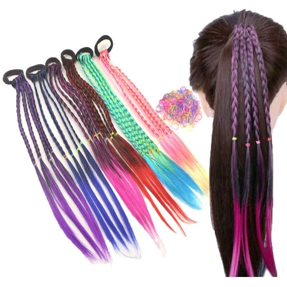 GIXUSIL 6 Pieces Christmas Decorations Colored Braids Hair Extensions with Rubber Band Rainbow Braided Kids Hair Extensions Hair Accessories for Children Performance Kids Girls Cosplay Party Dress