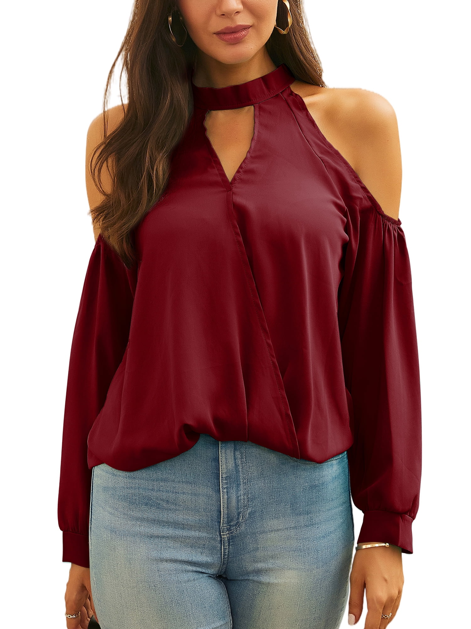 Halloween Blouse for Women,Women's Casual Loose Cold Shoulder Tops Halter Neck Hollowed Out Long Sleeve Shirts 