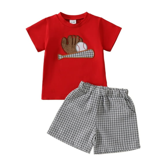 Sopiago Toddler Baby Boy Summer Clothes Baseball Embroidery Short Sleeve T Shirt Plaid Shorts Sets Cute Toddler Boys Outfits Red,18-24 Months