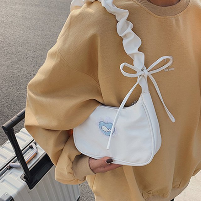 Women Canvas Pleated Armpit Bag Heart Pattern Printed Zipper Small Casual