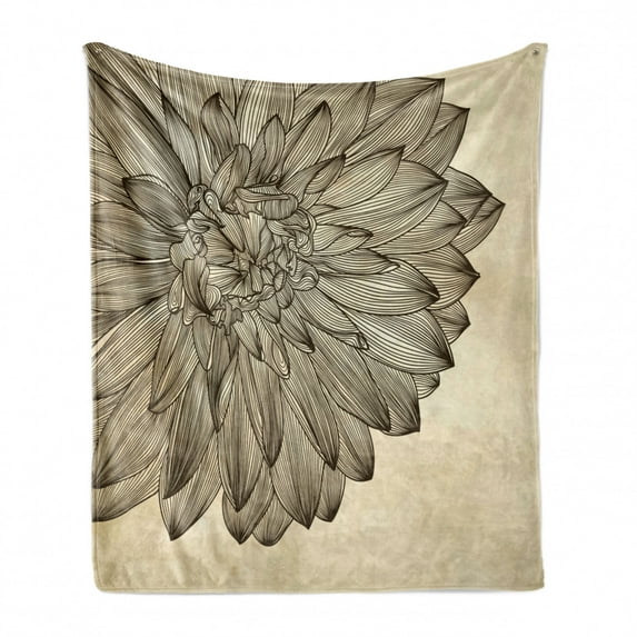Dahlia Soft Flannel Fleece Throw Blanket, Engraving Style Drawing of a Big Blossom on Grungy Background Vintage Flower, Cozy Plush for Indoor and Outdoor Use, 50" x 60", Brown and Beige, by Ambesonne