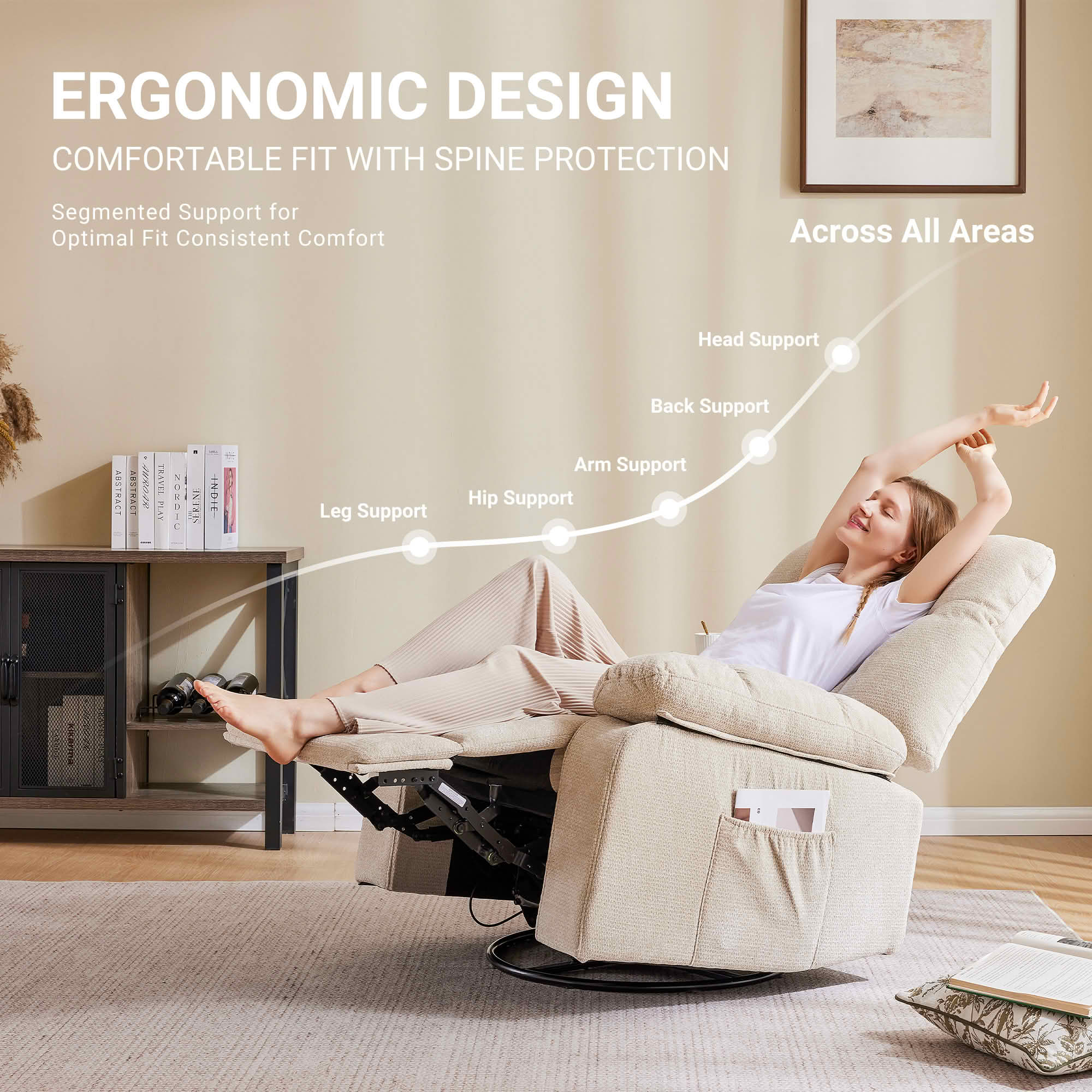 MAYEERTY Ergonomic Adjustable Rocking Rotating Lounge Chair, Vibration Massage Recliner with Lumbar Heating, Chenille Fabric High Load‑Bearing Leisure Chair for Home Use