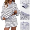 thumbnail image 2 of 2 Piece Skirt Sets Women Striped Baggy Lapel V Neck Sweatshirt Elastic Waist Lounge Sweatsuits Skirted Outfits (M, Gray), 2 of 8