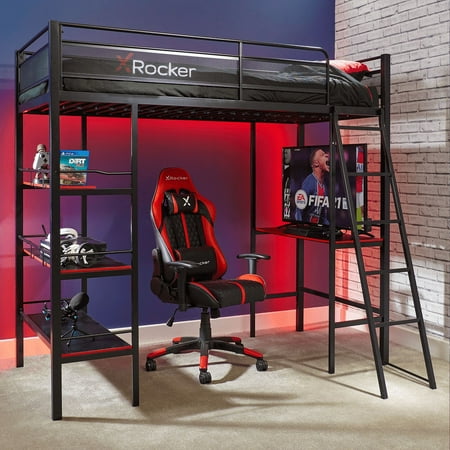 X Rocker Fortress Gaming Bunk with Desk and Shelves  Twin  Black/Red  Loft Bed  Children  Teen