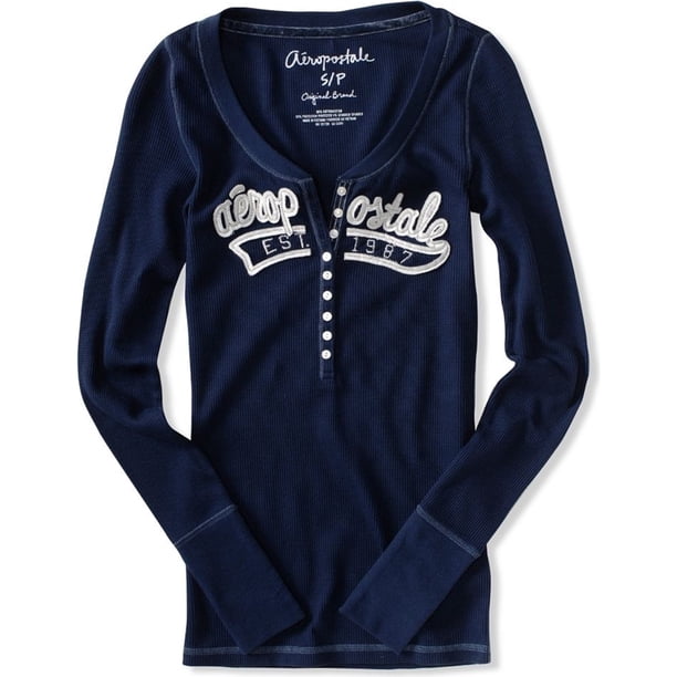 Aeropostale Camiseta Henley Térmica de Manga Larga para Mujer, Azul, XS