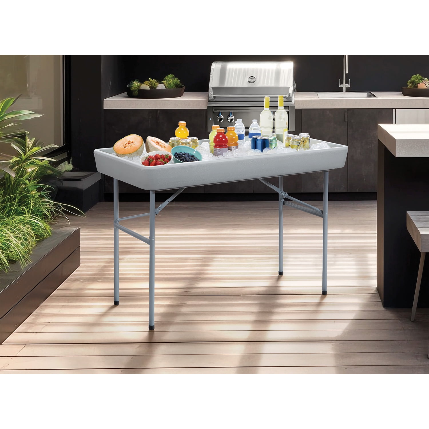 Folding Beverage Ice Cooler Table in Resin with Sateen removable skirt