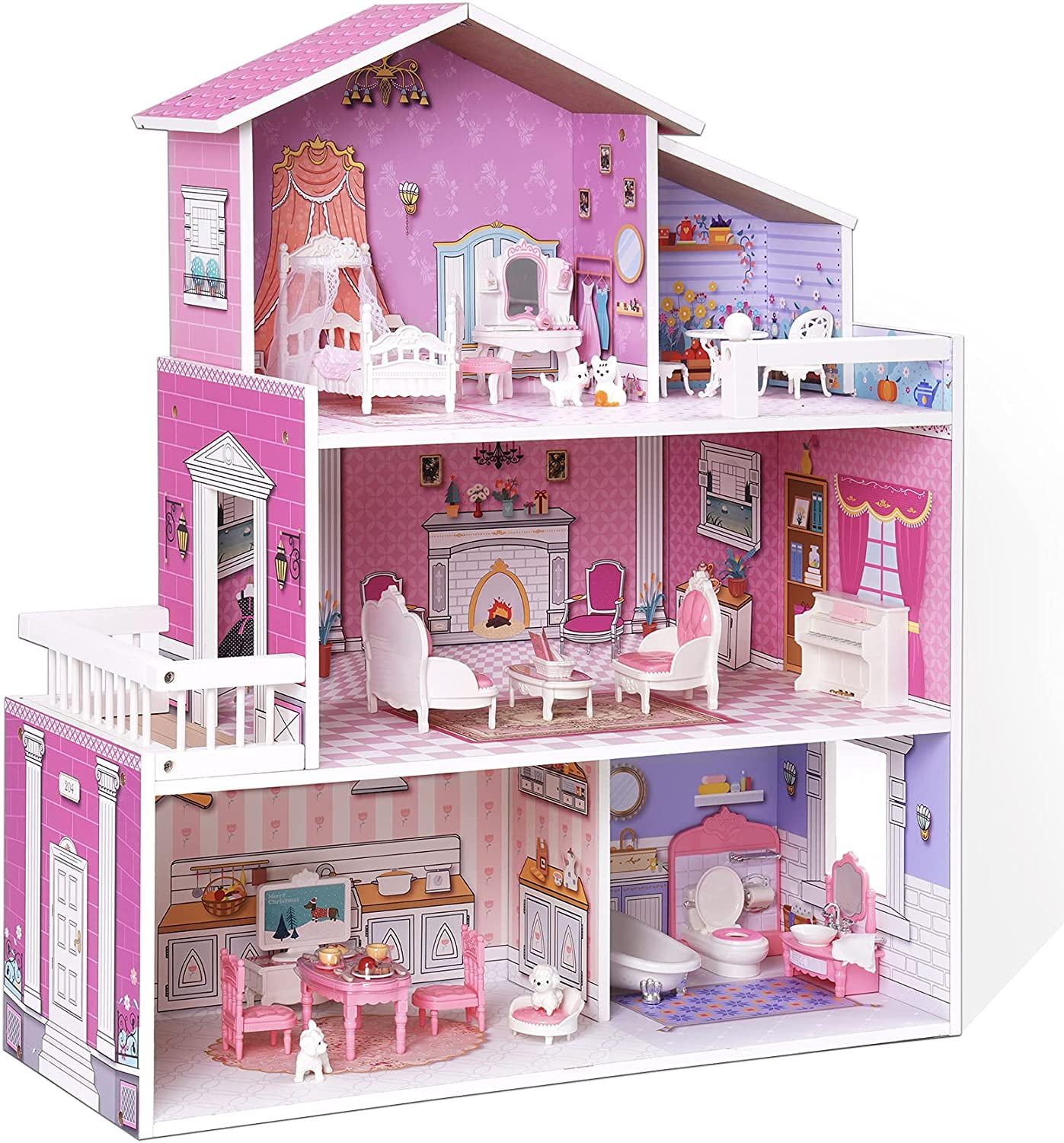 ROBUD Wooden Dollhouse for Kids with 24pcs Furniture Preschool ...