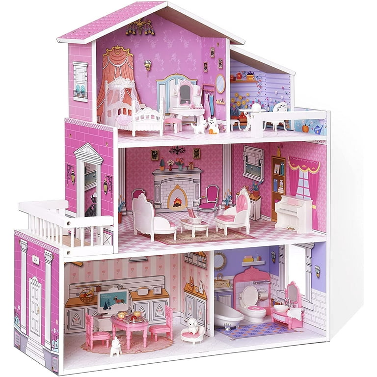 Huluwat Pink Classic Wooden Dollhouse for Toddlers with of