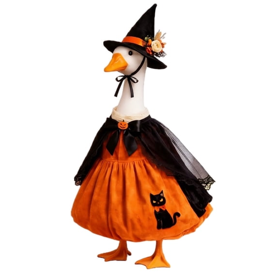 Halloween Porch Goose Outfit,Goose Costume with Floral Hat, Black Cat Dress, Lace Cape & Pumpkin Charm for Outdoor Porch Halloween Decorations