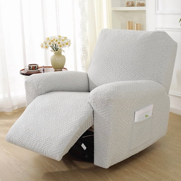 Stretch Jacquard Recliner Chair Cover With Side Pockets Elastic Bottom Washable Soft Furniture Protector Anti-Slip Full Wrap Reclining Sofa Slipcover For Home Living Room