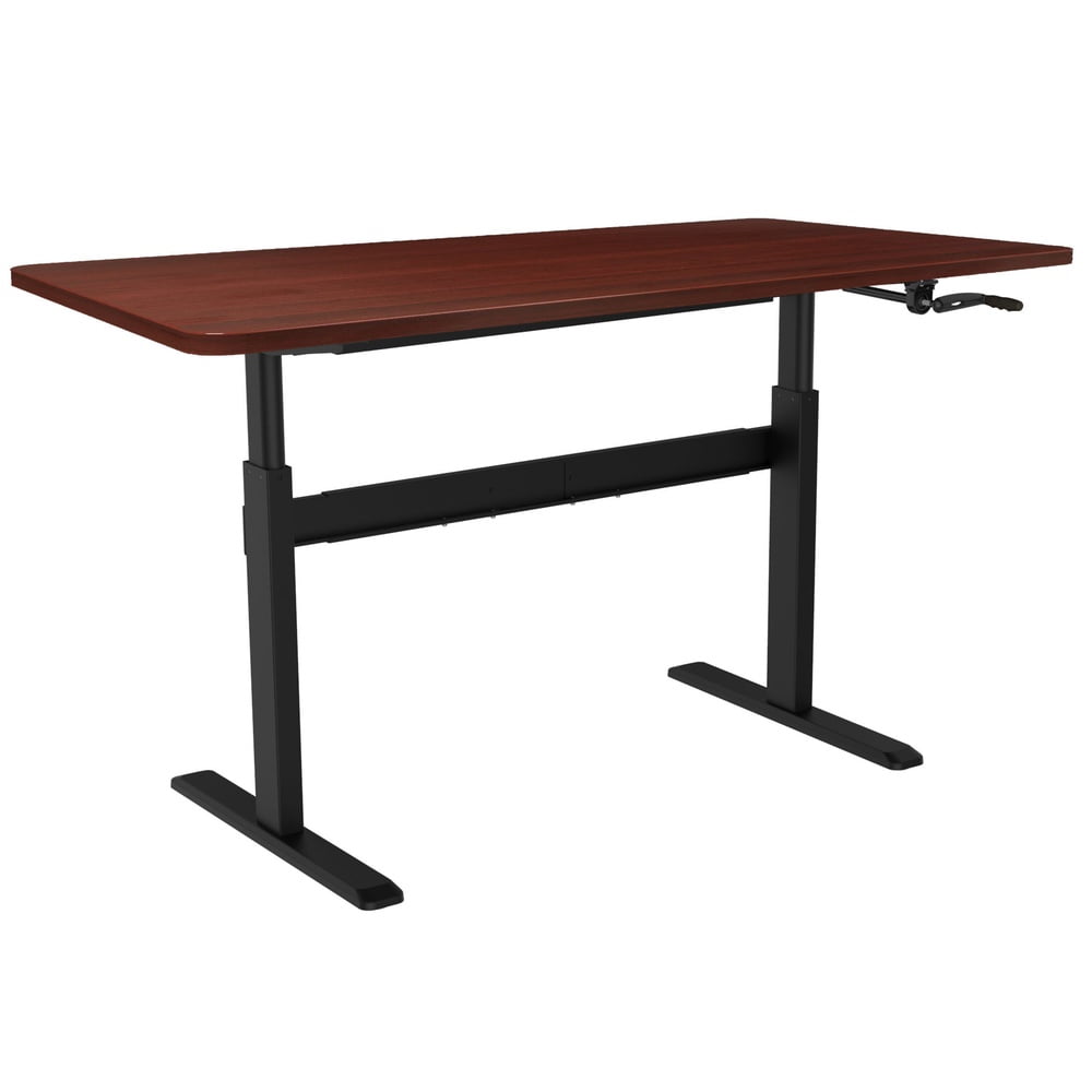 Coventry manual crank handle standing desk sit stand desk with white frame and cherry wood red table top stand up desk for home and office