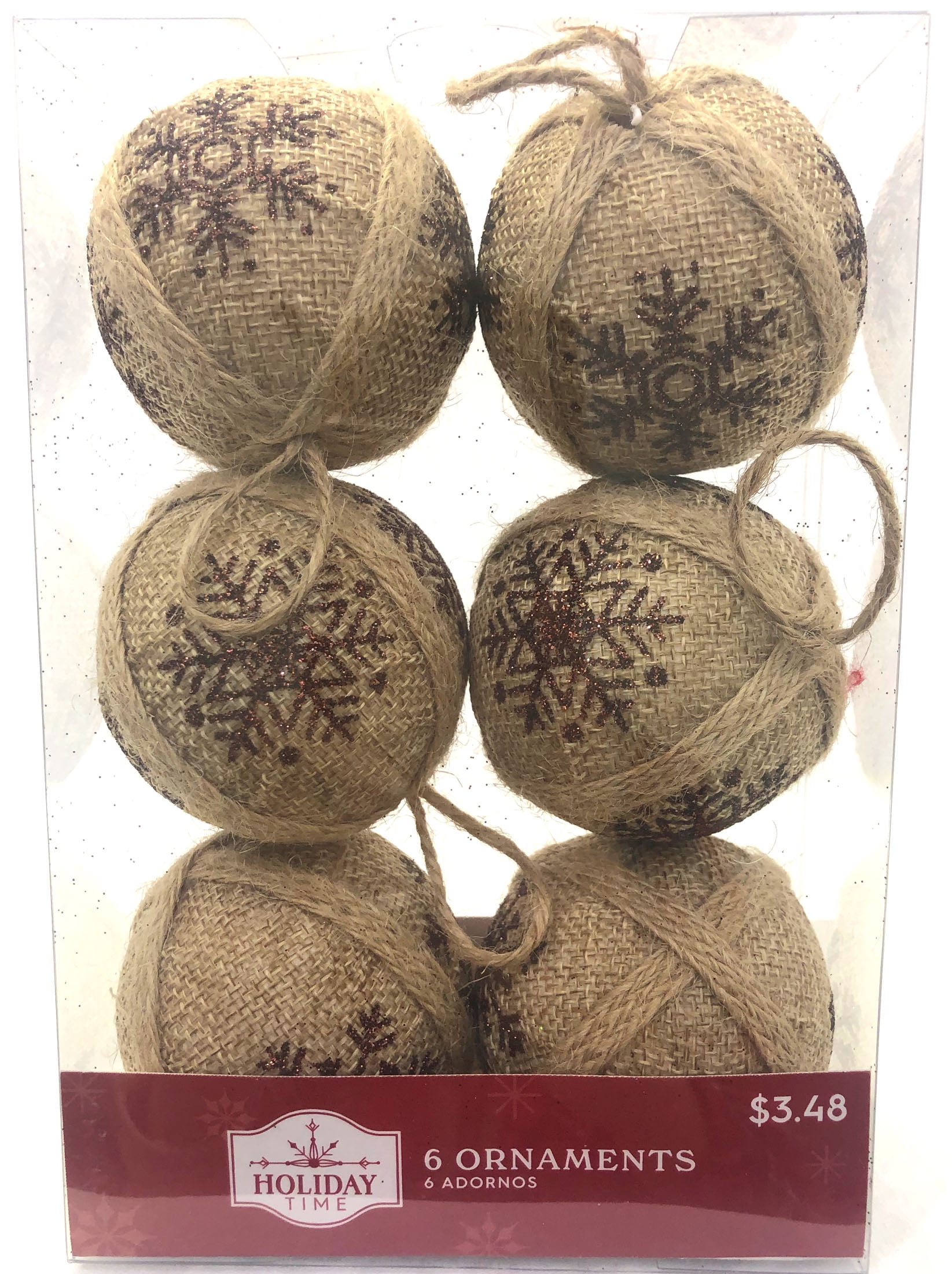Holiday Time, Burlap Brown Ball Christmas Shatterproof Ornaments , 6 Count