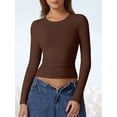thumbnail image 4 of Women'S Crewneck Long Sleeve Shirt Double Lined Basic Tees Side Ruched Going Out Crop Tops Brown M, 4 of 10