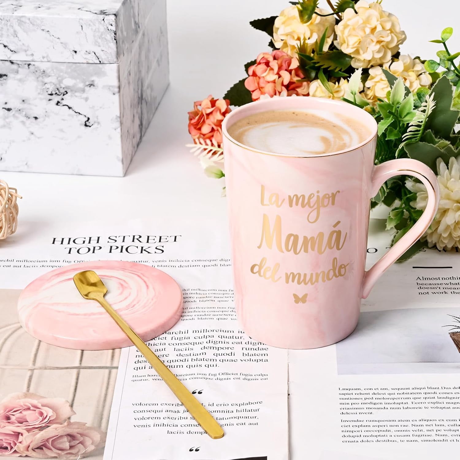 Gifts for Mother - La Mejor Mama Del Mundo Mugs, Mothers Day Gifts, Birthday Gifts, Christmas Gifts, Futtumy 14 fl oz Pink Marble Coffee Mugs Ceramic Mug Tea Cup