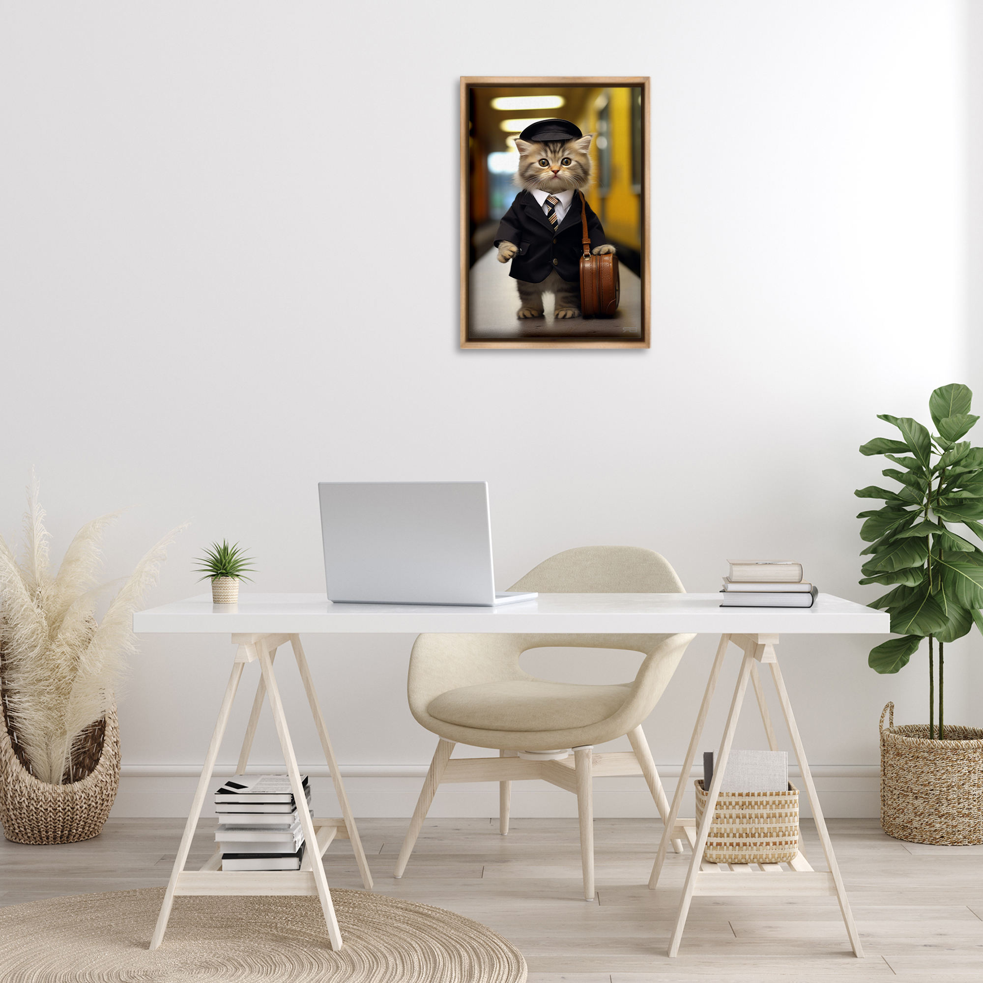 Stupell Industries Traveler Kitten & Briefcase Novelty Painting Brown Floater Framed Canvas Art Print Wall Art, 17 x 25