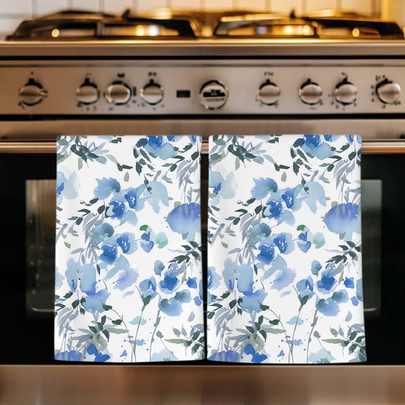 Blue Green Spring Floral Kitchen Towels Set of 3, Watercolor Blooming Botanical Summer Absorbent Dish Towels for Kitchen, Microfiber Hand Towel, Quick Drying Tea Towel for Cleaning Dishcloths