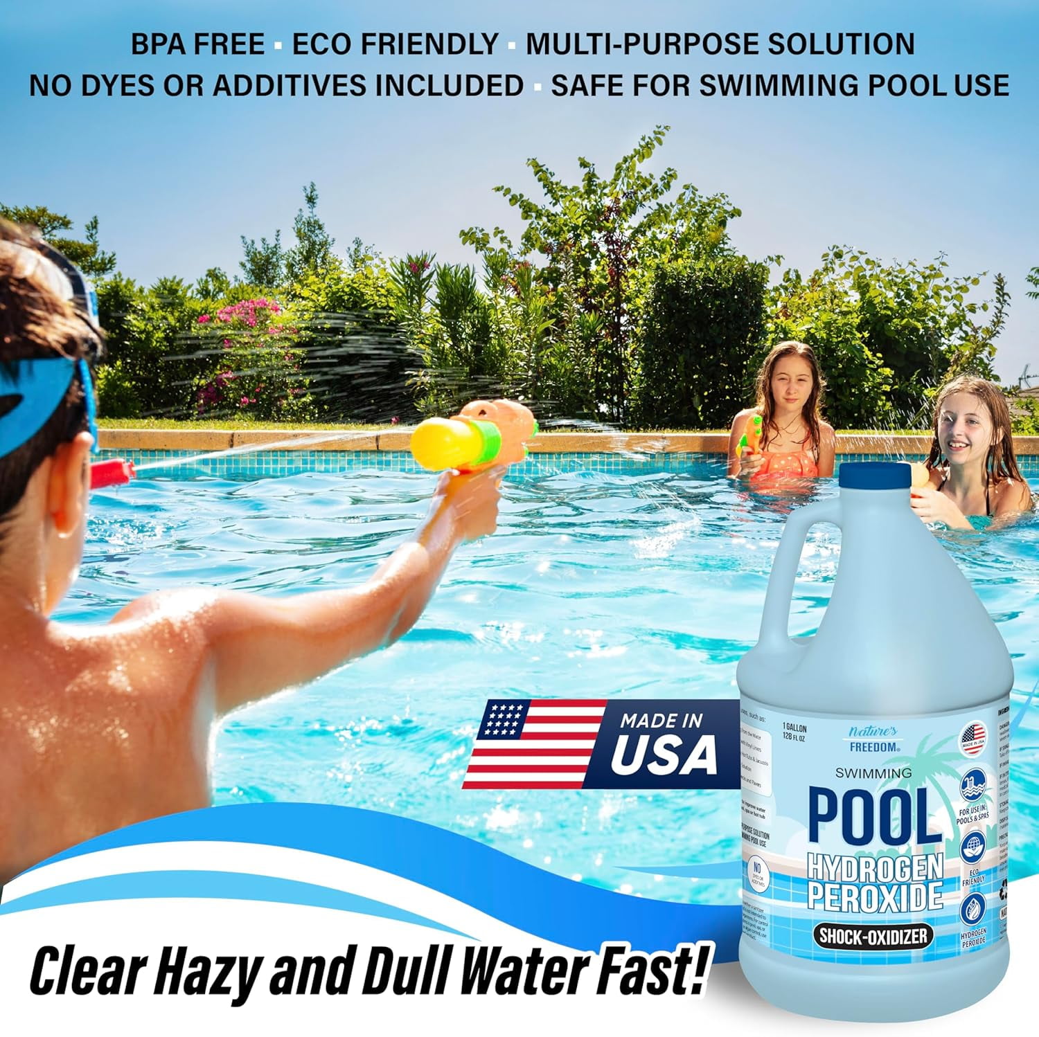 Nature's Freedom 12% Hydrogen Peroxide Pool Shock and Spa Oxidizer, Non-Chlorine Water Treatment for Pools, Spas, Hot Tubs and Cold Plunges, 1 Gallon