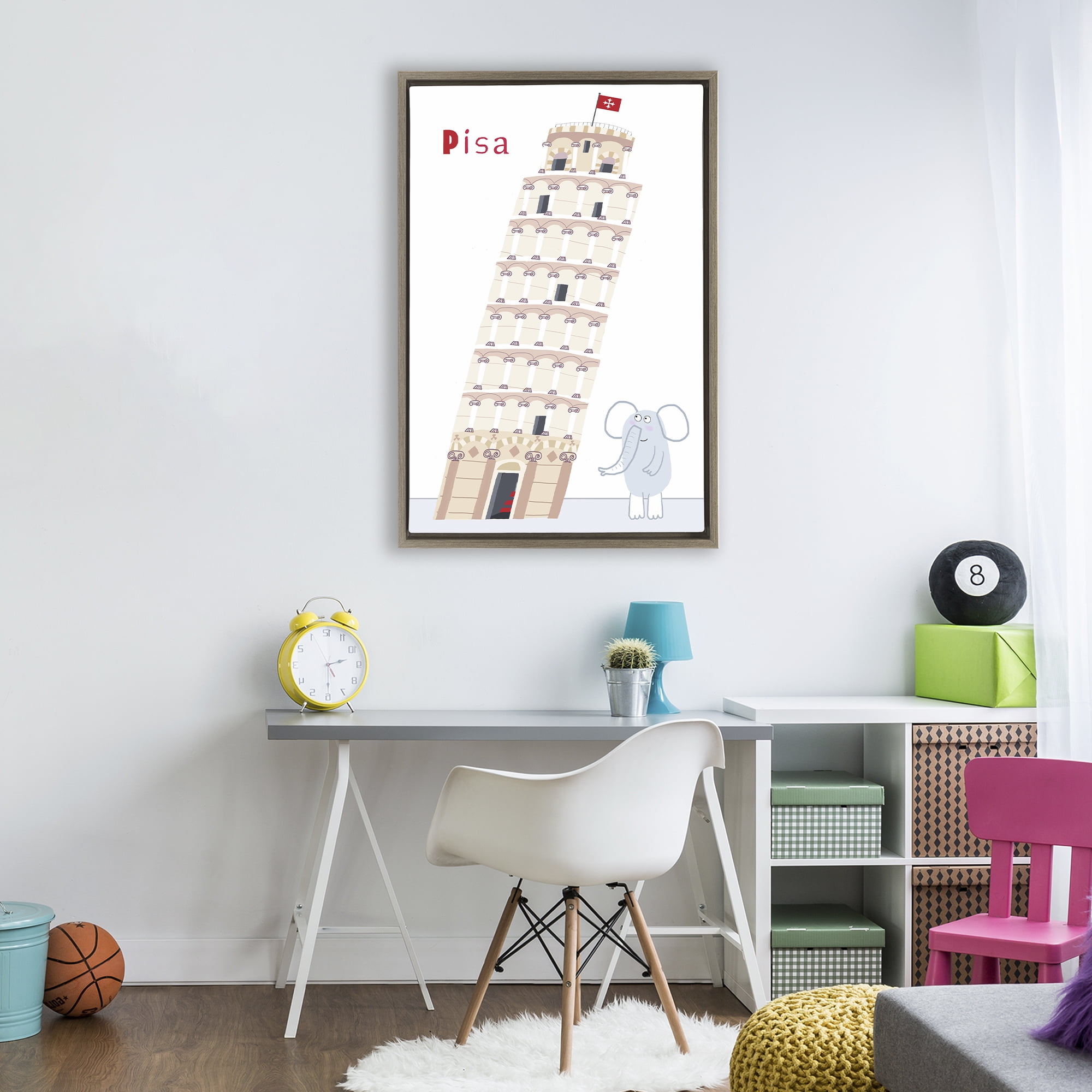 Elephant & Leaning Tower Pisa Brown Framed Floater Canvas Wall Art, design by Carla Daly