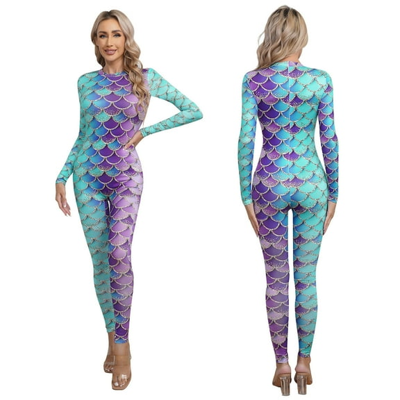 Alvivi Women Mermaid Costume Yoga Jumpsuit 3D Digital Print Long Sleeve Zip-Up Bodysuit Romper Type D S