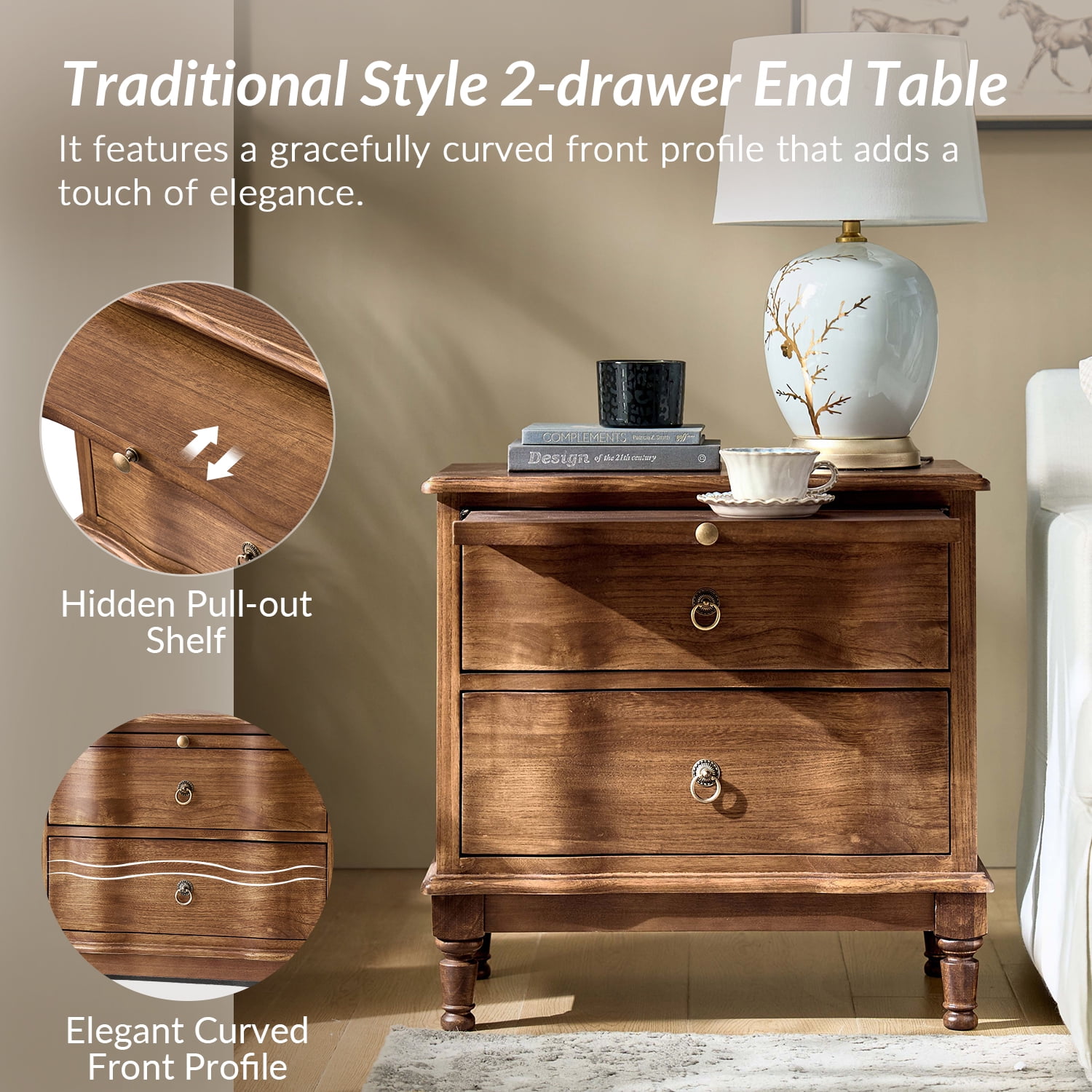 25" Traditional 2 Drawers End Table Solid Wood Set of 2 with Pull-out Tray and Charging Station Cherry