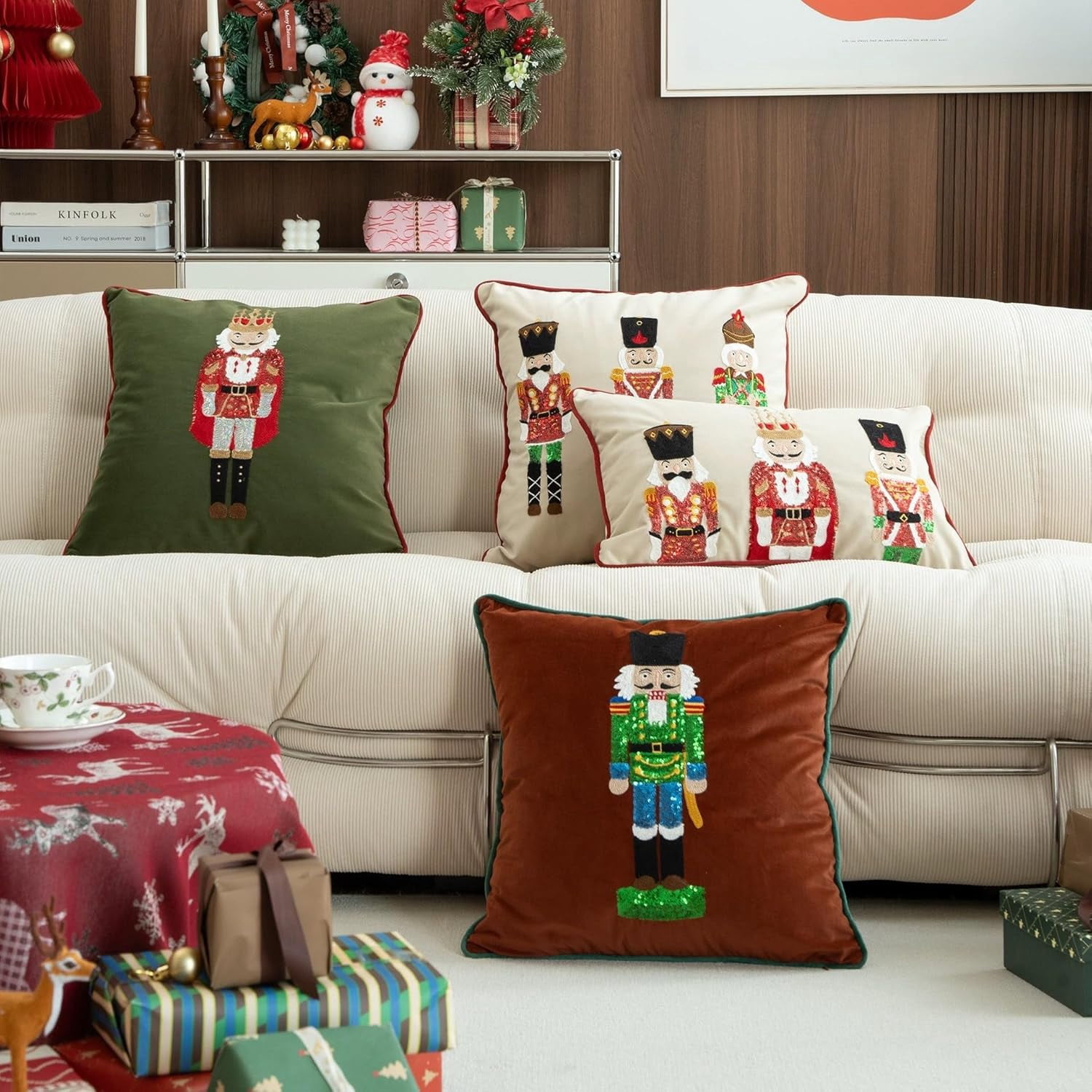 Fennco Styles Embroidered Sequin Nutcracker Velvet Throw Pillow Cover 18" W x 18" L - White Festive Cushion Case for Home, Christmas, Winter Holidays Décor, and Special Occasions