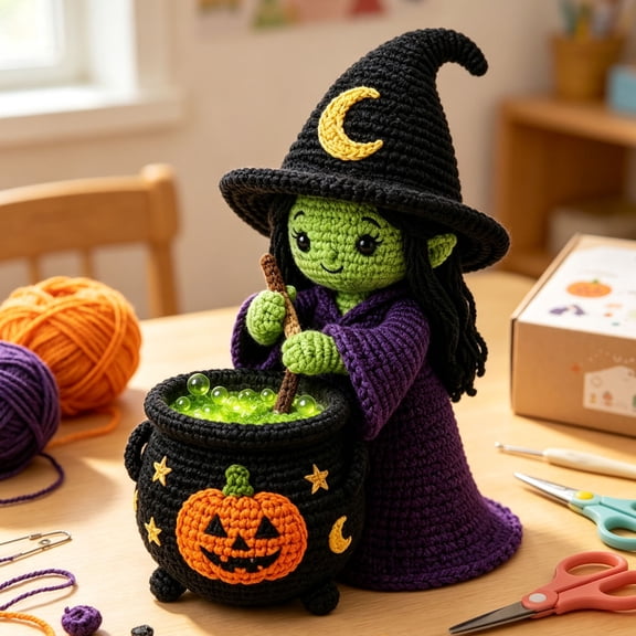 AYktou Halloween Witch with Cauldron Amigurumi Crochet Kit for Beginners, DIY Knitting Material Pack Spooky Handmade Halloween Table Decor Gift, Green Witch Pumpkin Crochet Starter Kit
