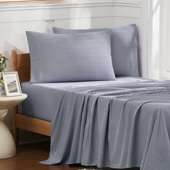 4 Piece Printed Sheet Set, Deluxe Ultra Soft 1500 Series, Double Brushed Microfiber -Classic Navy, Twin