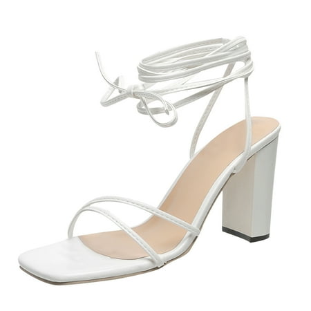 

Mackneog Ladies Summer Solid Color Ankle Cross Strap Chunky High Heel Sandals Gift on Clearance