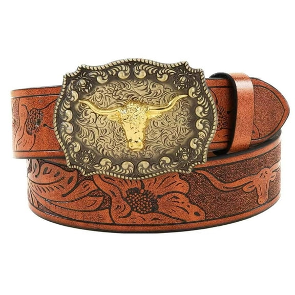 Western Belt for Women Men Cowboys Cowgirls Carving Leather Country Belts Bullhead Buckles