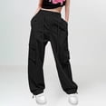 thumbnail image 2 of CPNG Girls Casual Baggy Cargo Pants Straight Wide Leg Cargo Pants Loose Elastic Waist Fashion Drawstring Cargo Trousers(Black,11-12 Years), 2 of 7