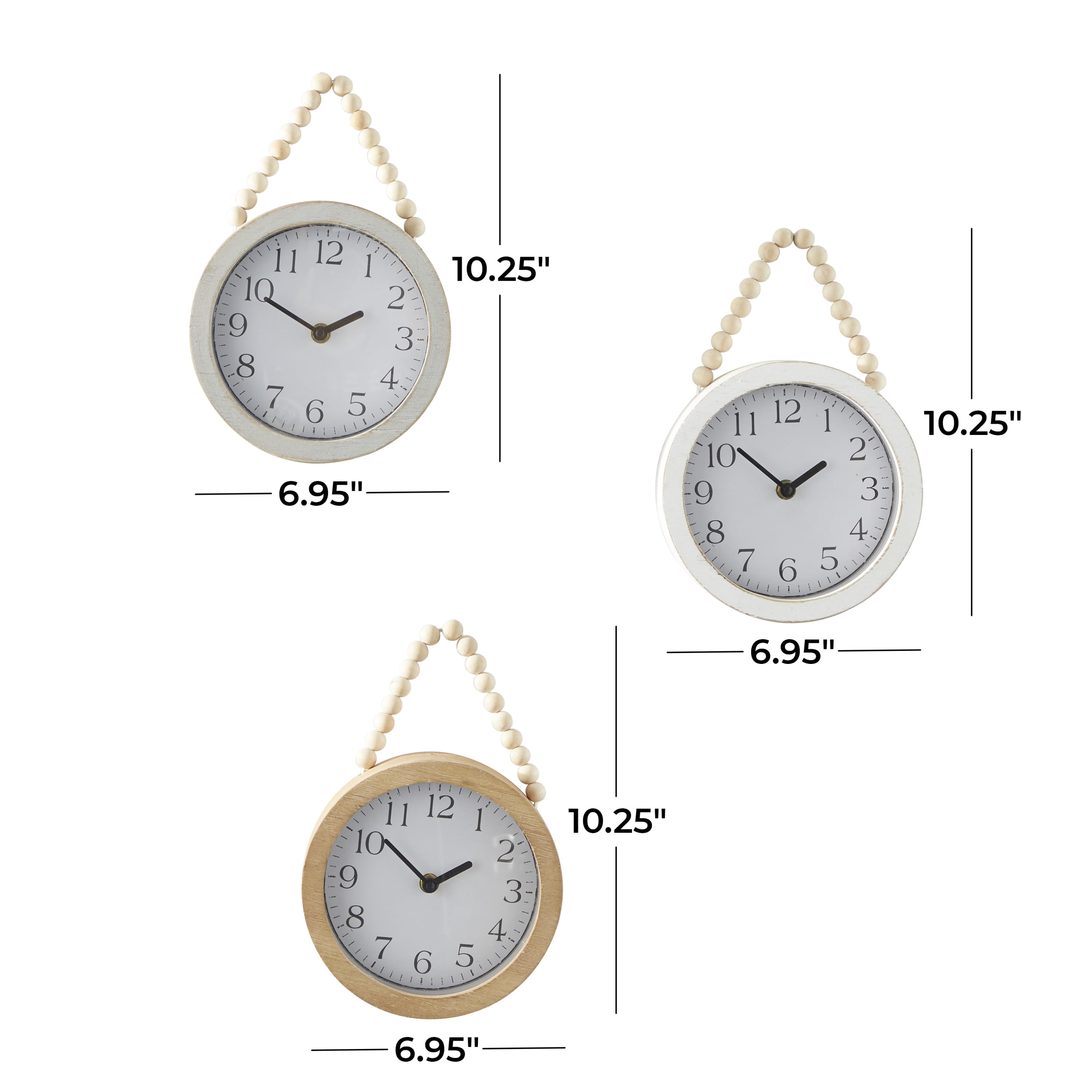 DecMode 7"W, 10"H White Wood Wall Clock with Rope Strap (3 Count)
