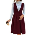 thumbnail image 2 of Women V Neck Corduroy Overall Dress Fall Mini Pinafore Jumper Dress Red M, 2 of 9