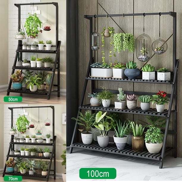3 Tier Folding Wooden Plant Stand W/ Hanging Bar