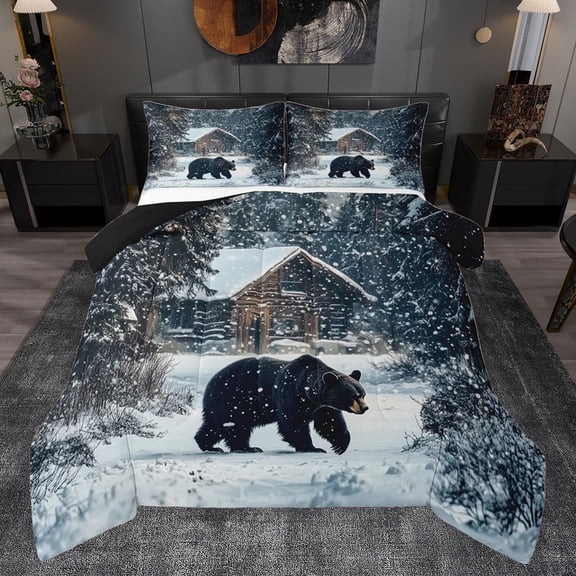 Castle Fairy Wildlife Bear Bedding Comforter Set 2pcs for Kids Teenagers Adults,Winter Snowflakes Cabin Twin Comforter Sets Microfiber,Jungle Woodland Animal Breathable Bedding Set