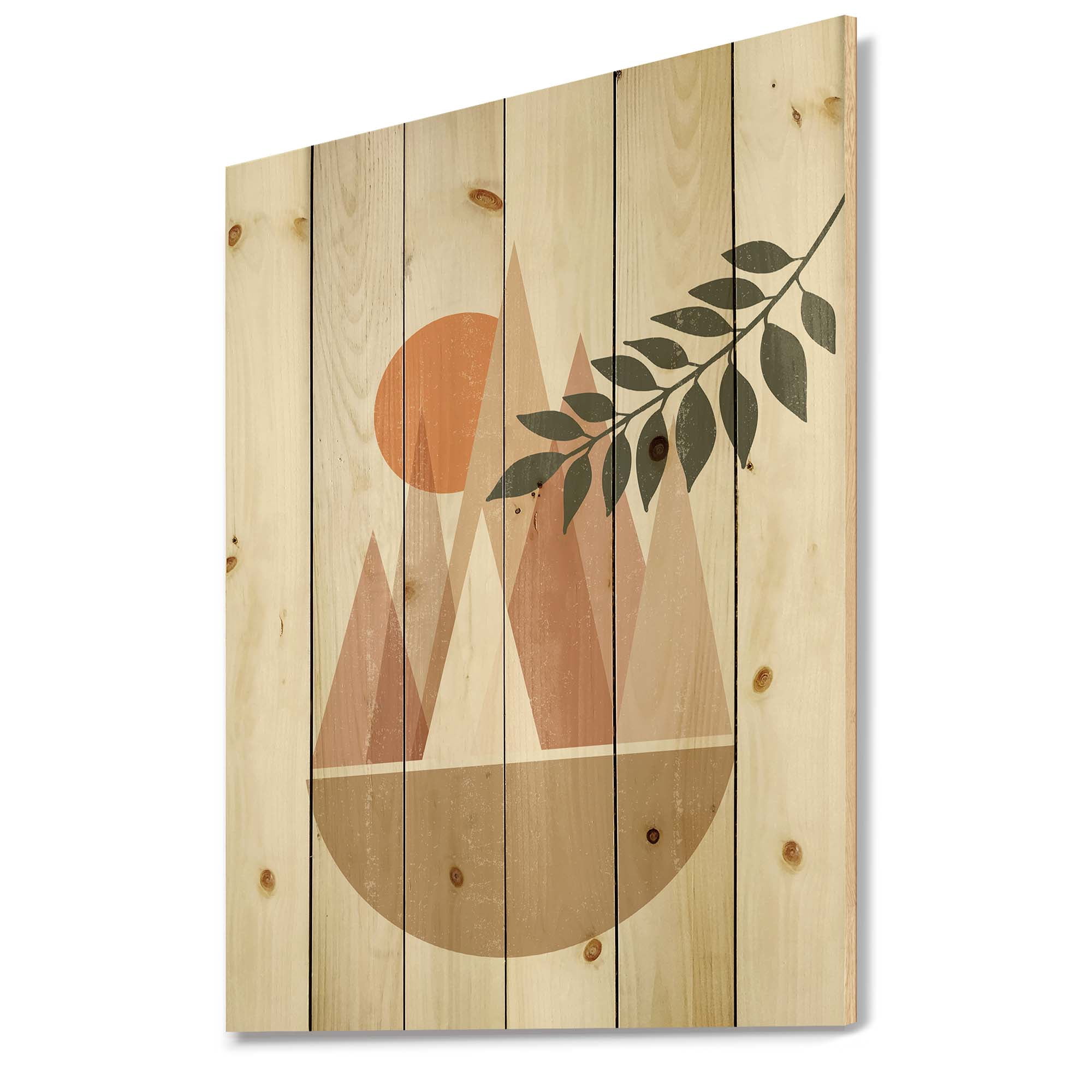 Designart 'Abstract Moon and Sun In Mountains II' Modern Print on Natural Pine Wood