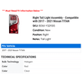thumbnail image 2 of Right Tail Light Assembly - Compatible with 2017 - 2021 Nissan TITAN 2018 2019 2020, 2 of 2