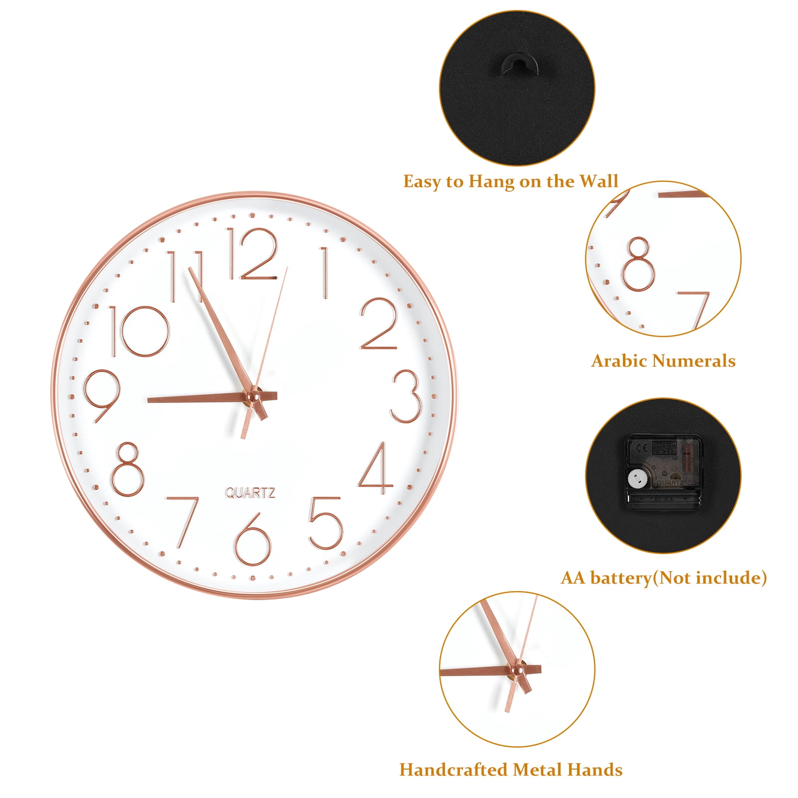 Wall clock Plastic Silent Suitable for decoration 10in Rose Gold
