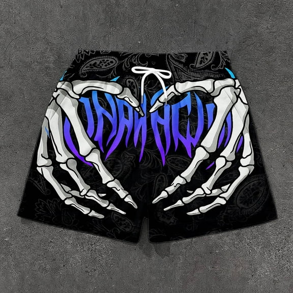 FAOWME Men Halloween Shorts With Pocket Drawstring Elastic Waist Skeleton Print Wide Leg Loose Fit Shorts For Casual Daily Wear,Black,L