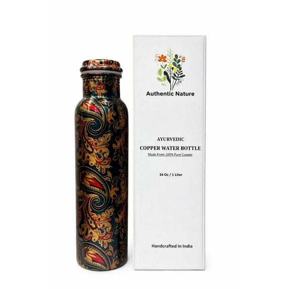Authentic Nature Ayurvedic Copper Water Bottle, Pure Copper, 1 Litre/34 Oz, Multicolor Designer, With Health Benefits, Handcrafted in India