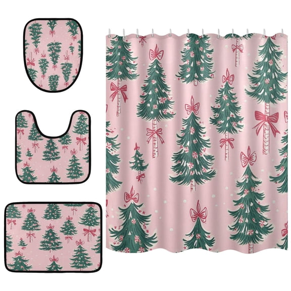 Shower Curtain and Rug Sets 4pcs Bathroom Sets Includes 12 Free Hooks 66" x 72" Christmas Trees and Red Bows