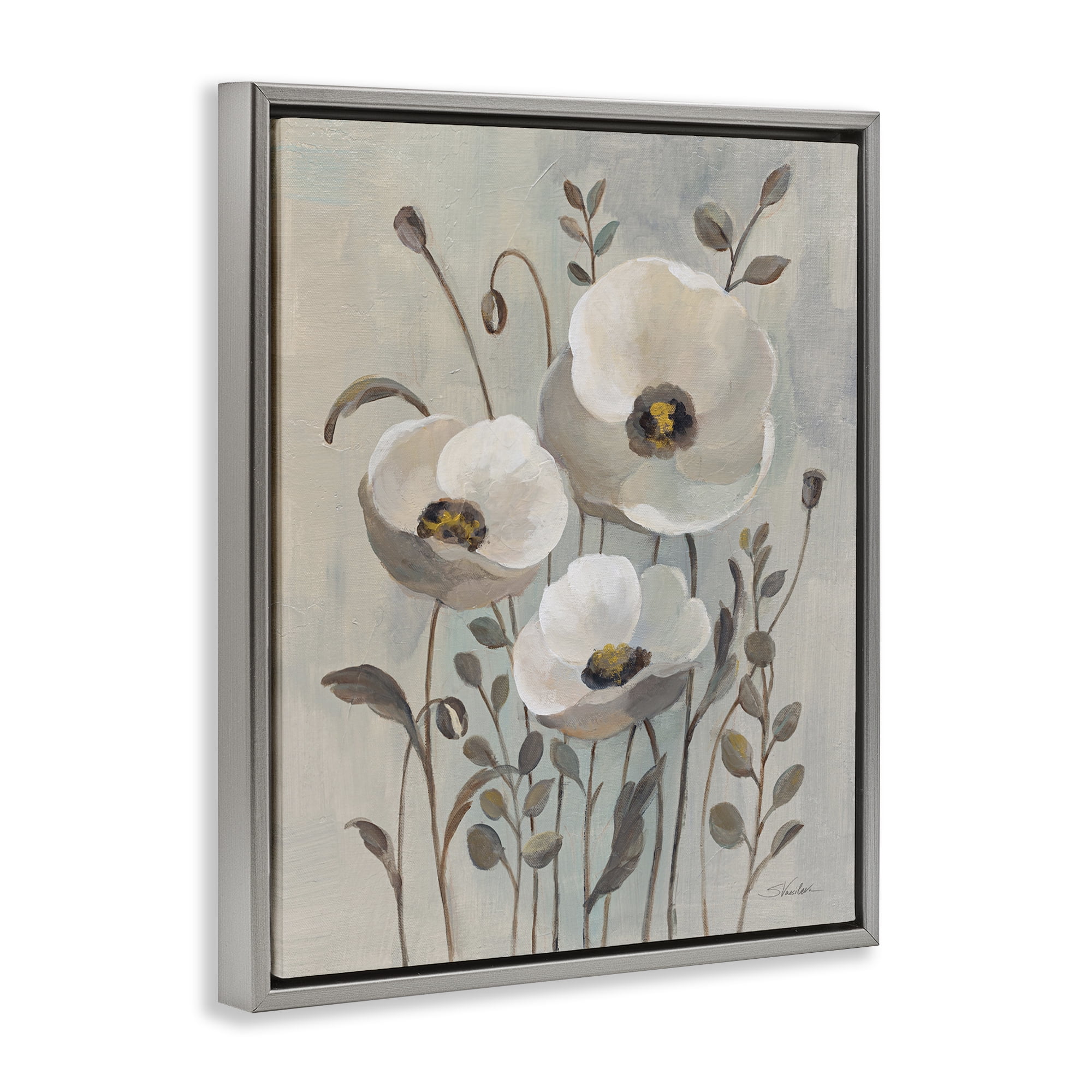 Stupell Industries Neutral Poppies Trio Plants & Flowers Painting Gray Floater Framed Canvas Art Print Wall Art, 17 x 21
