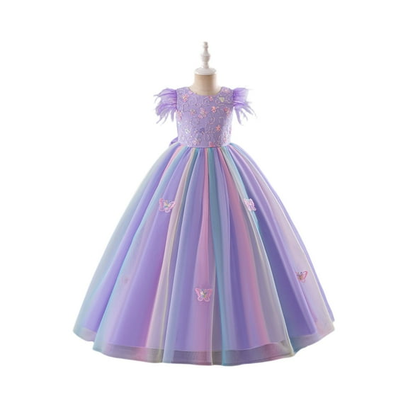 Girls Elegant Princess Long Tulle Dress with Floral Embroidery Sleeveless Ball Gown for Birthday Party Wedding