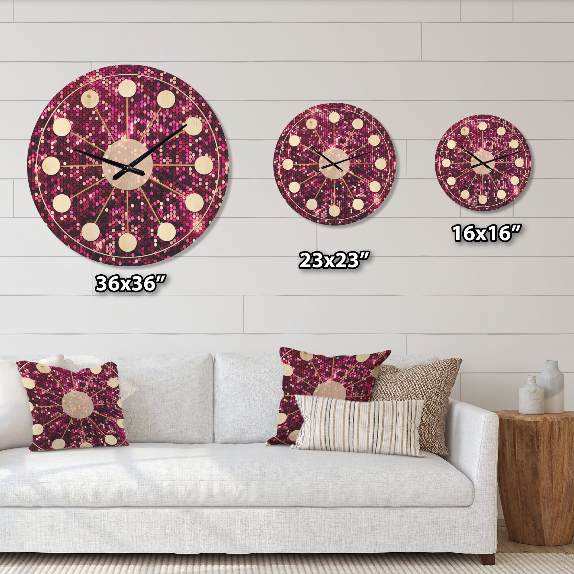 Designart 'Pink Sparkle Glitter Retro' Mid-Century Modern Wood Wall Clock