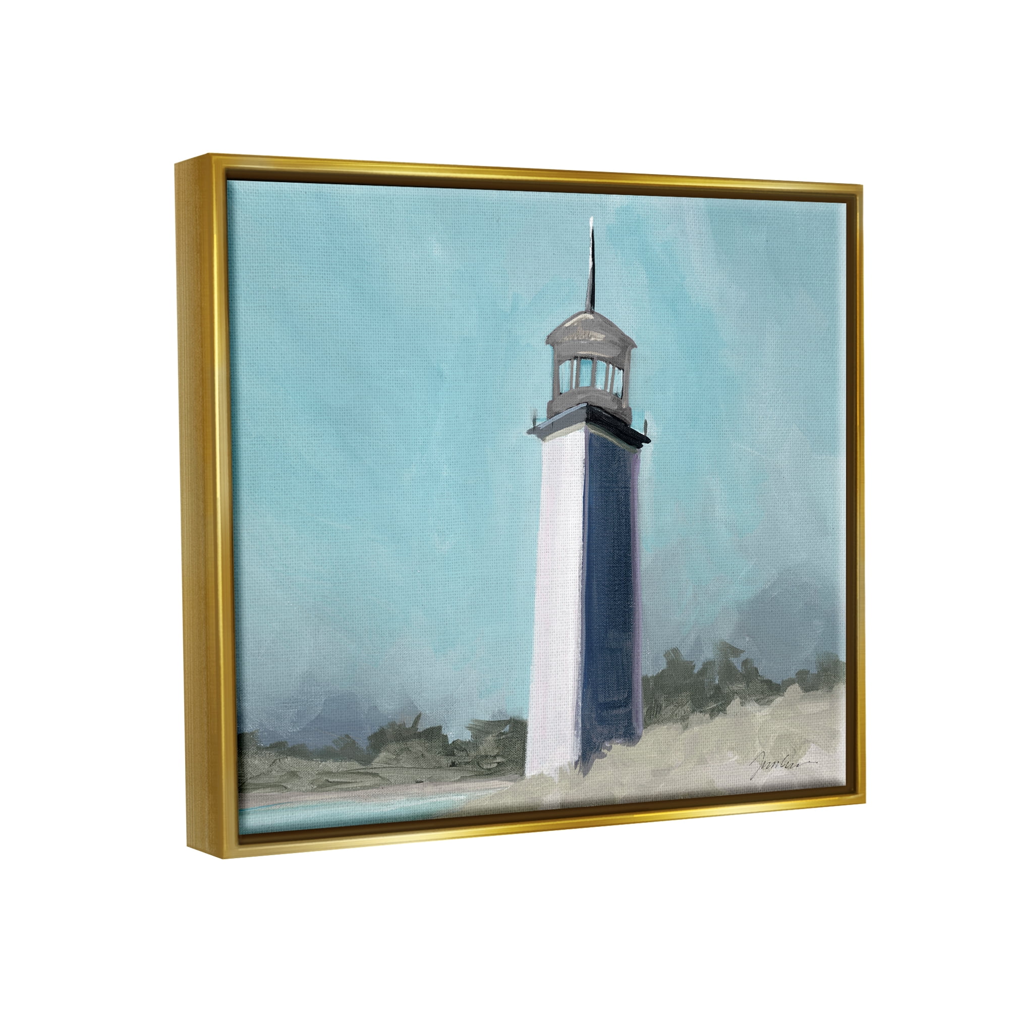Stupell Industries Muted Lighthouse Landscape Nature Painting Gold Floater Framed Art Print Wall Art, 31 x 25