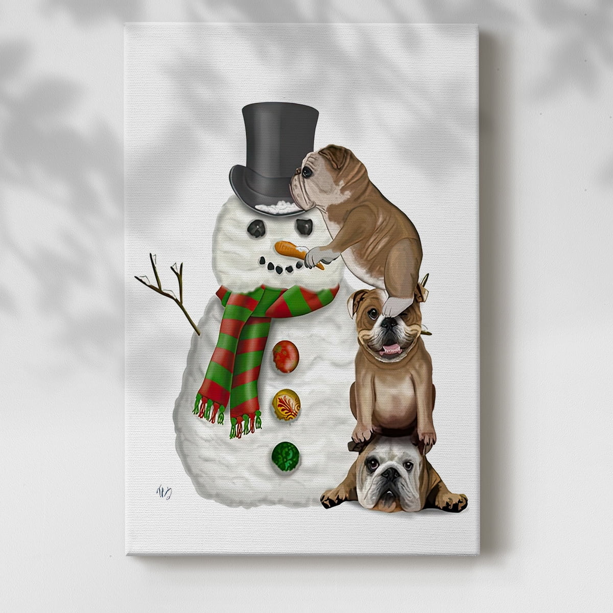 Christmas English Bulldogs Building Snowman- Gallery Wrapped Canvas