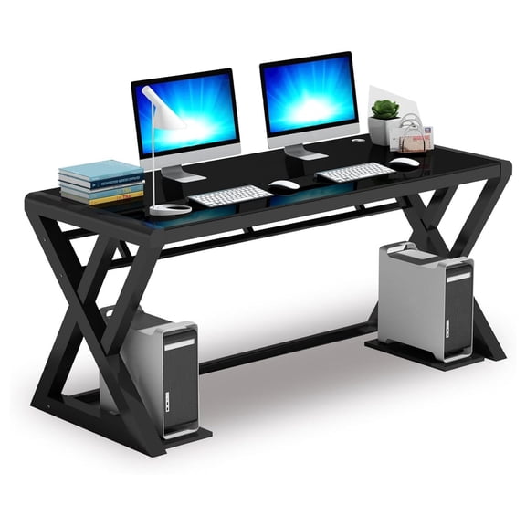 Tempered Glass Computer Desk 55 Inch, Modern Office Study Table with Metal X-Frame, Waterproof Glass Top Writing Desk, Black Gaming Workstation for Home Office, Compact Design with Cable Management