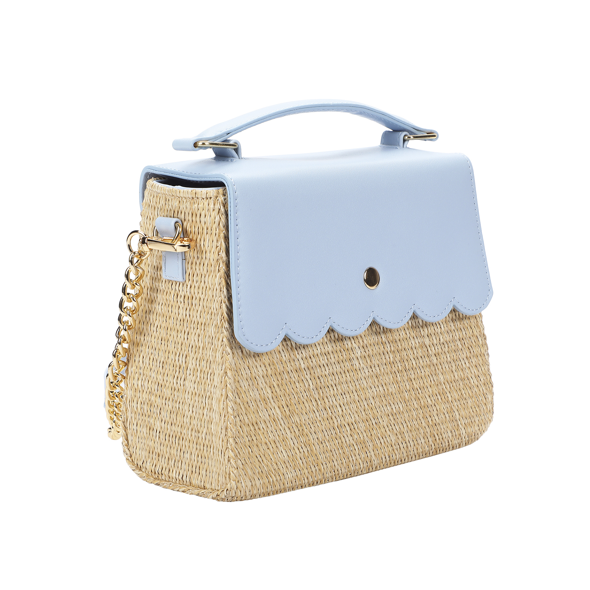 Packed Party Women's Woven Straw Crossbody Bag with Faux Leather Scallop and Chain Strap, Blue